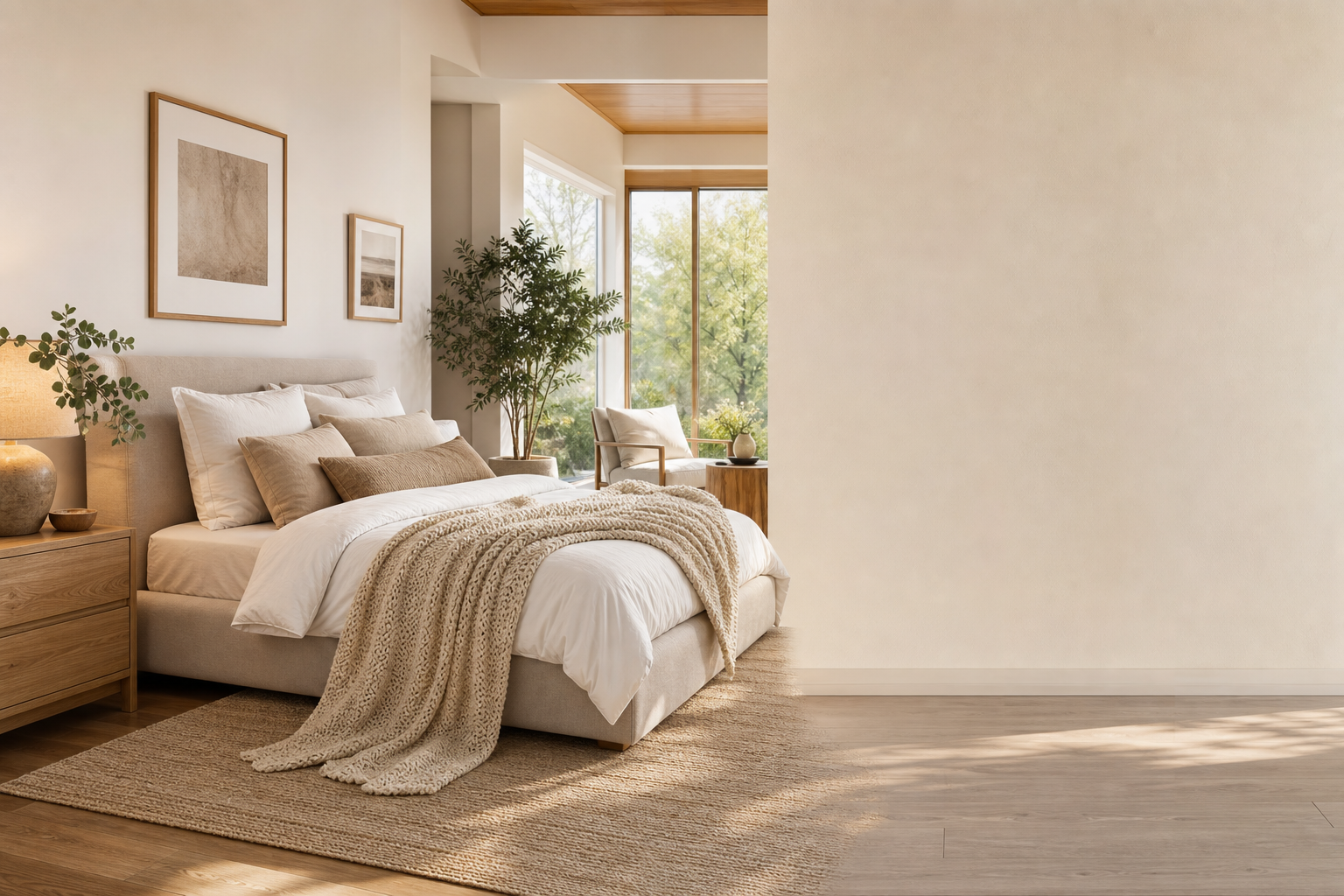 Modern bedroom with upholstered bed, decor and furniture
