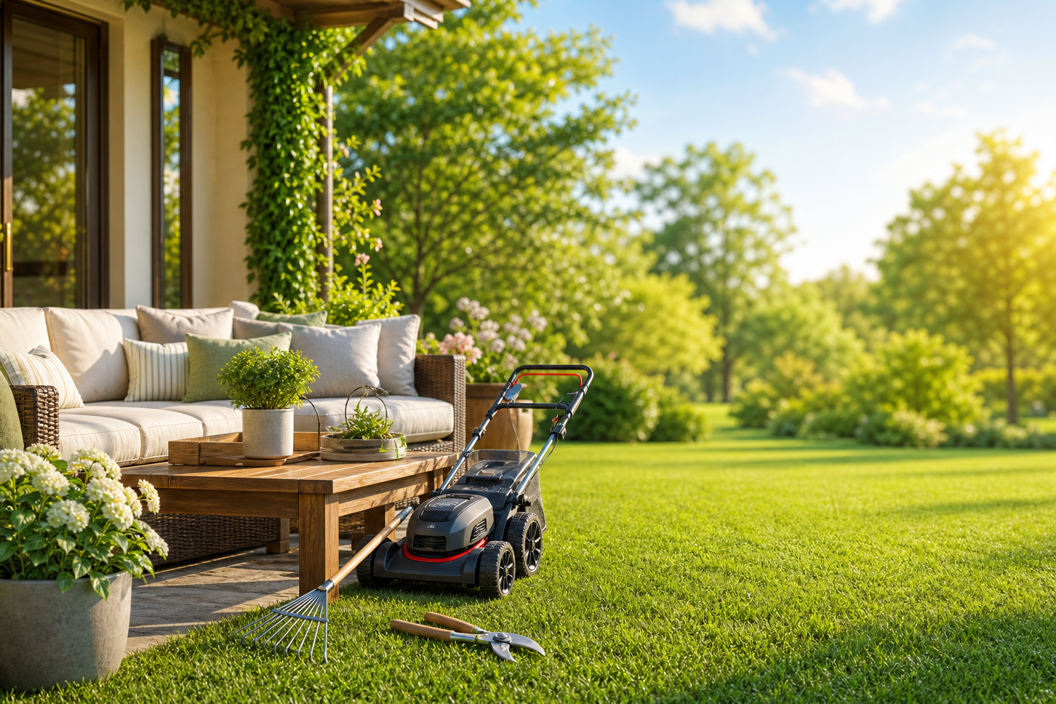 Outdoor patio furniture with lawn mower and garden tools
